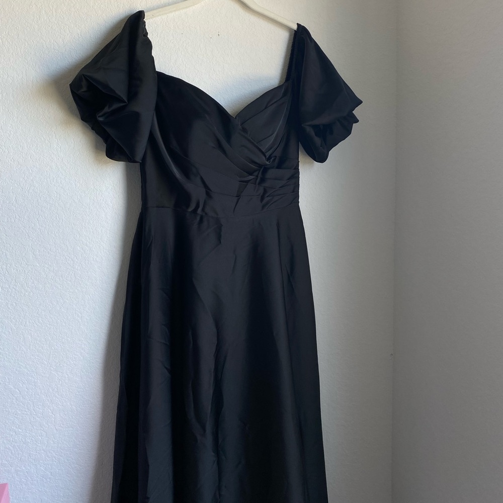 AW Bridal Dey Bridesmaid Dress, Black Satin Charmeuse Puff Sleeve